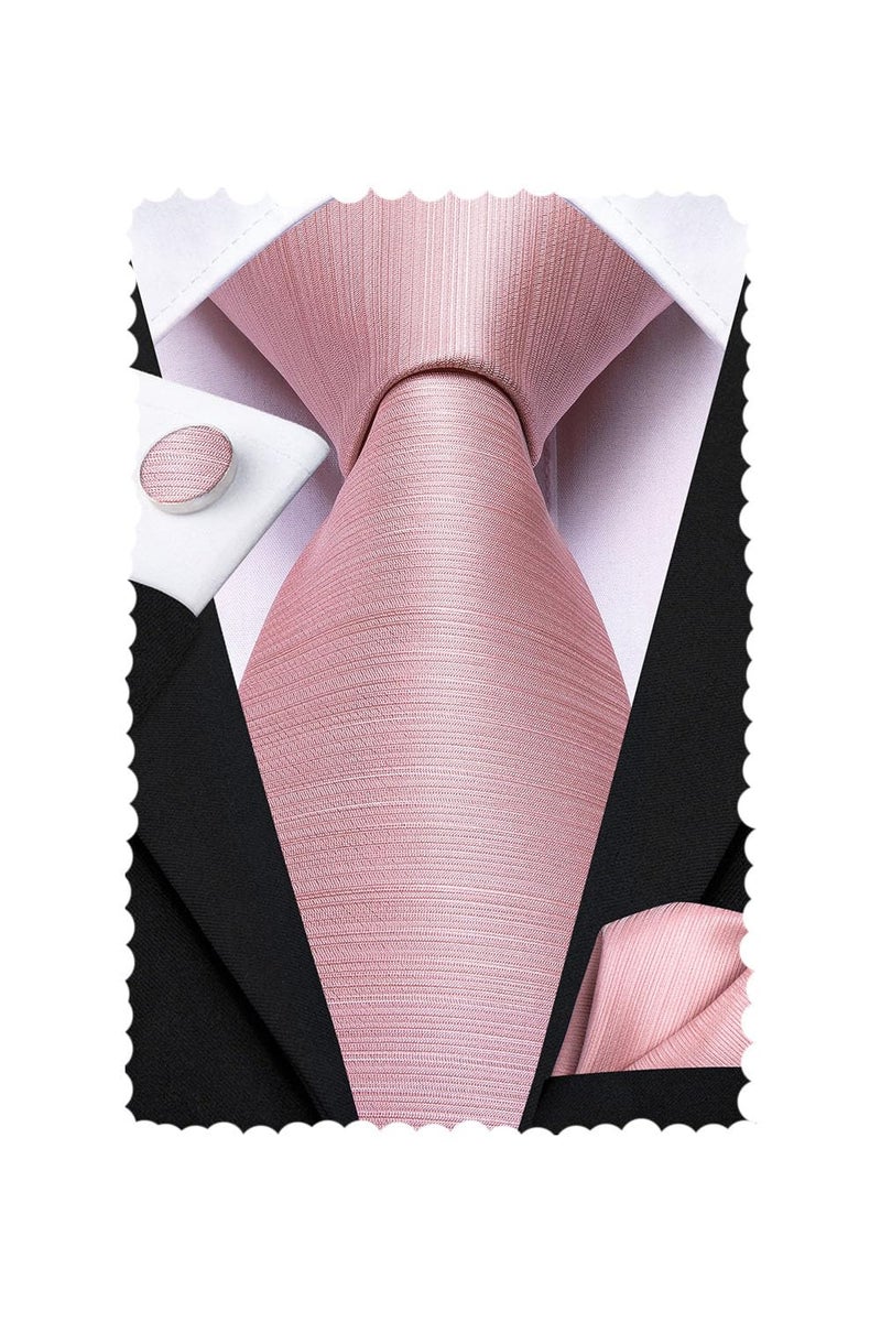 Hi-Tie ربطات عنق رجالية هاي تاي مزخرفة بتصميم كلاسيكي مع منديل وأزرار أكمام مجموعة ربطة عنق مخططة للأعمال، وردي فاتح - Image 1